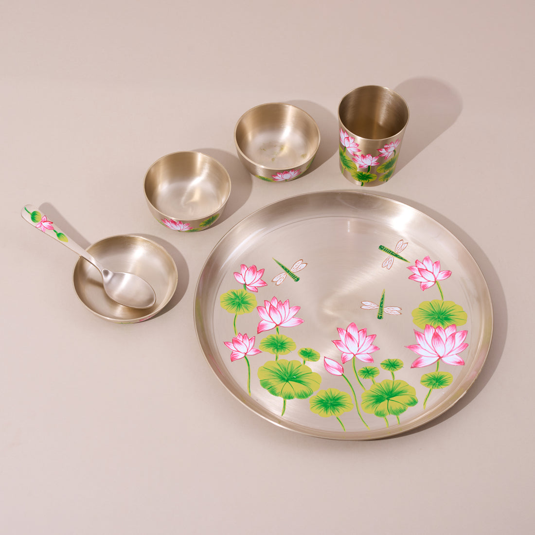 Hand-painted kansa dinner set – Lotus & Dragonfly