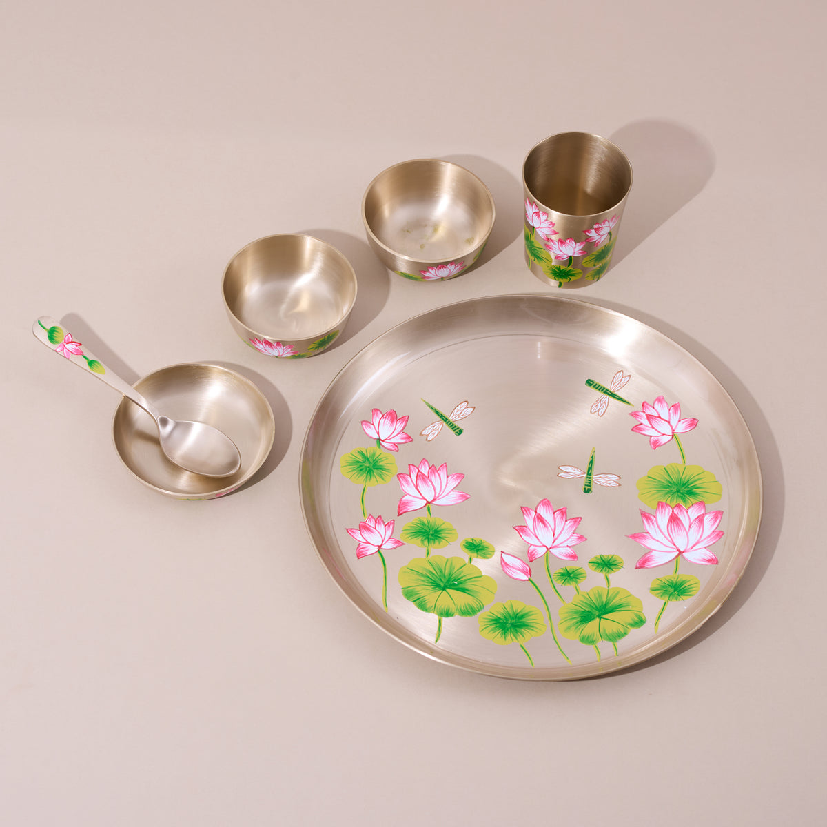 Hand-painted kansa dinner set – Lotus & Dragonfly