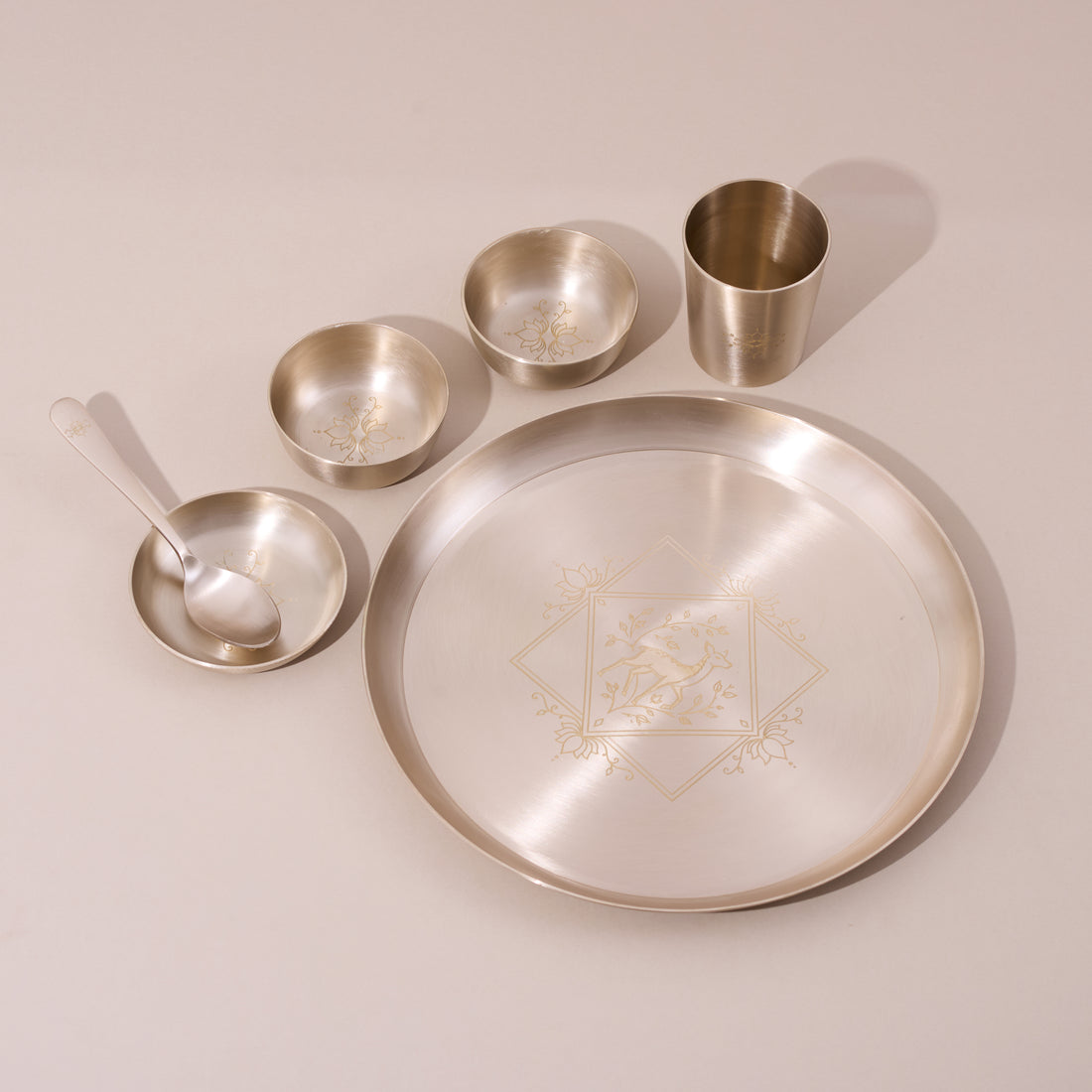 Kansa Dinner Set • 5 Designs • Serves 1 or 6 • Matte Finish • Thali Size - 11.5" • 100% Lead Free (कांसे का डिनर सेट)