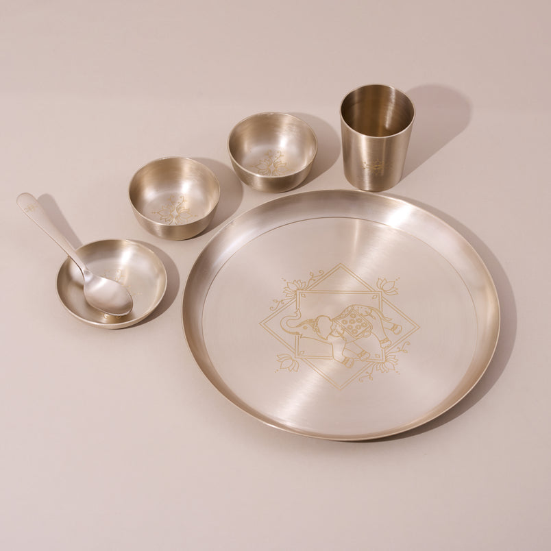 Elephant Motif • 6 Pcs 11.5" Kansa Dinner Set • Matte Finish • Thali Size - 11.5" • 100% Lead Free (कांसे का डिनर सेट)