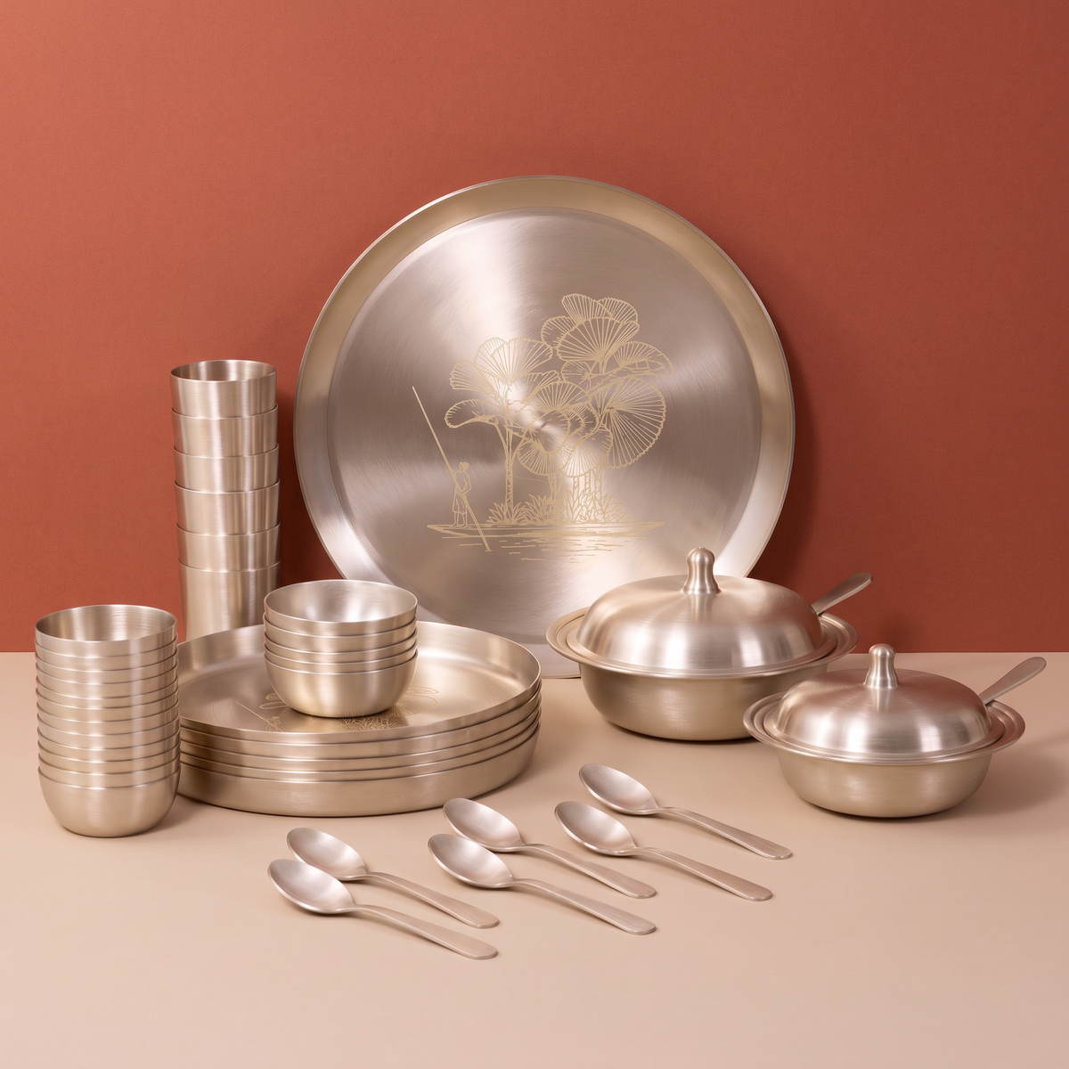 Boatman Motif 40-piece kansa dinner set with serving bowls