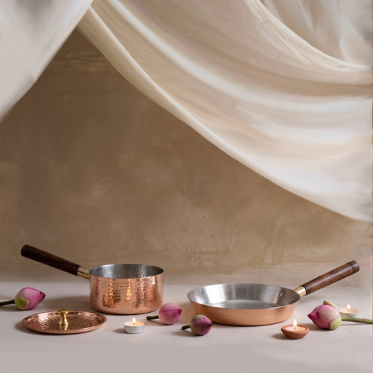 Copper Cookware Duo • Sauce Pan & Fry Pan with Tin Coating (तांबे का कुकवेयर सेट)