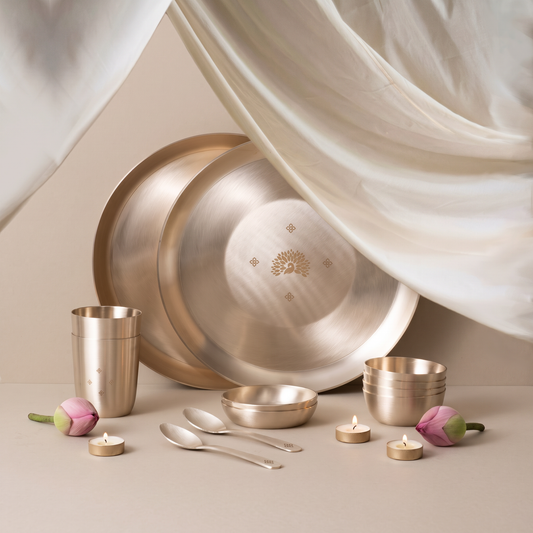 Couple Peacock Kansa Set • 2 × 6-Piece 11.5" Dinner Sets • Serves 2 (कांसे का डिनर सेट)