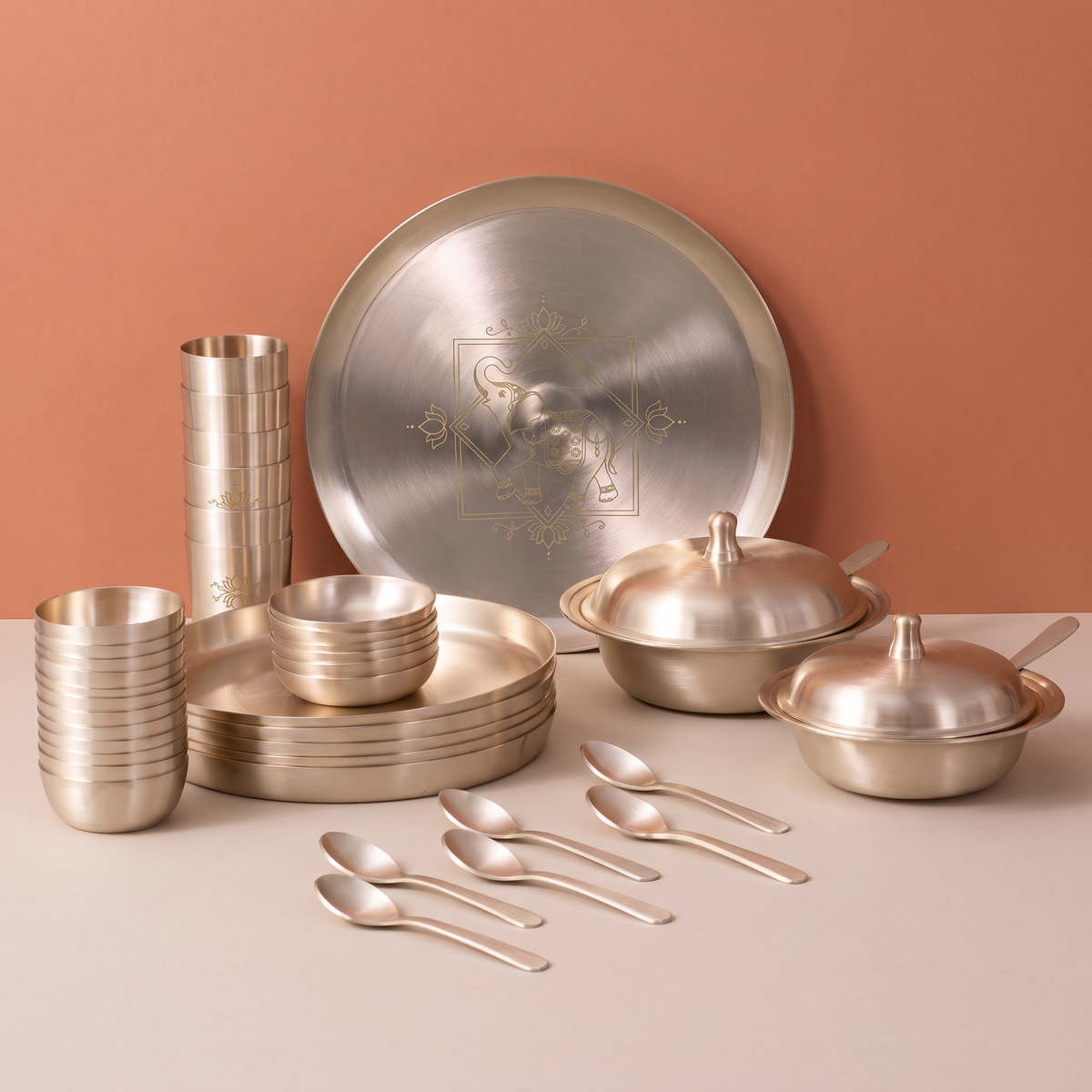 Elephant Motif 40-piece kansa dinner set with serving bowls
