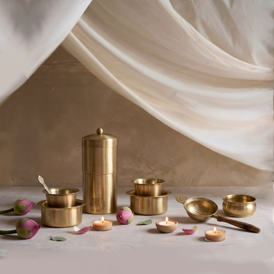 Filter Coffee Ritual Set • Brass Brewer, 2 Tumbler & Dabra Sets, Strainer
