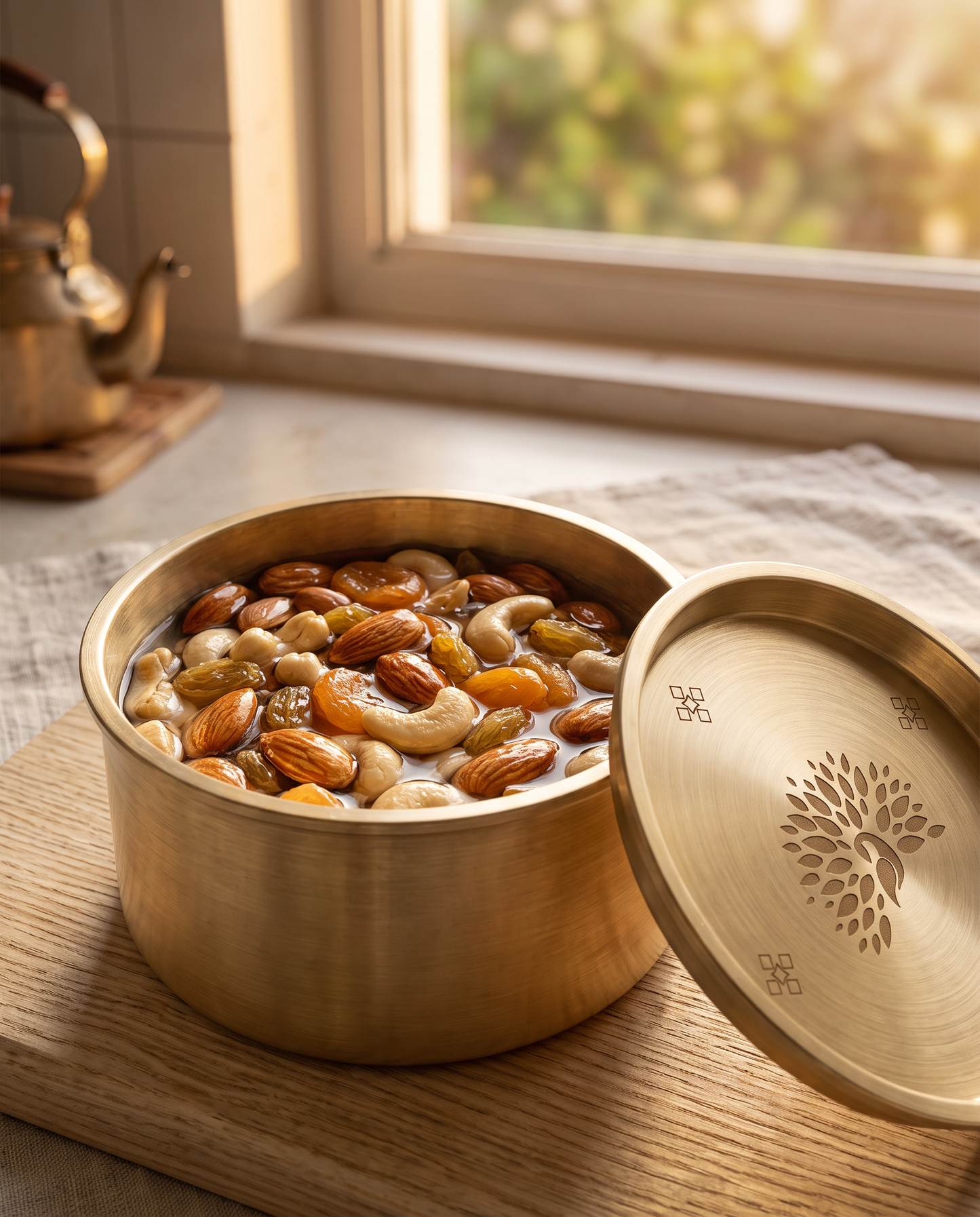Handcrafted Brass Dry Fruit Soaking Bowl with Lid