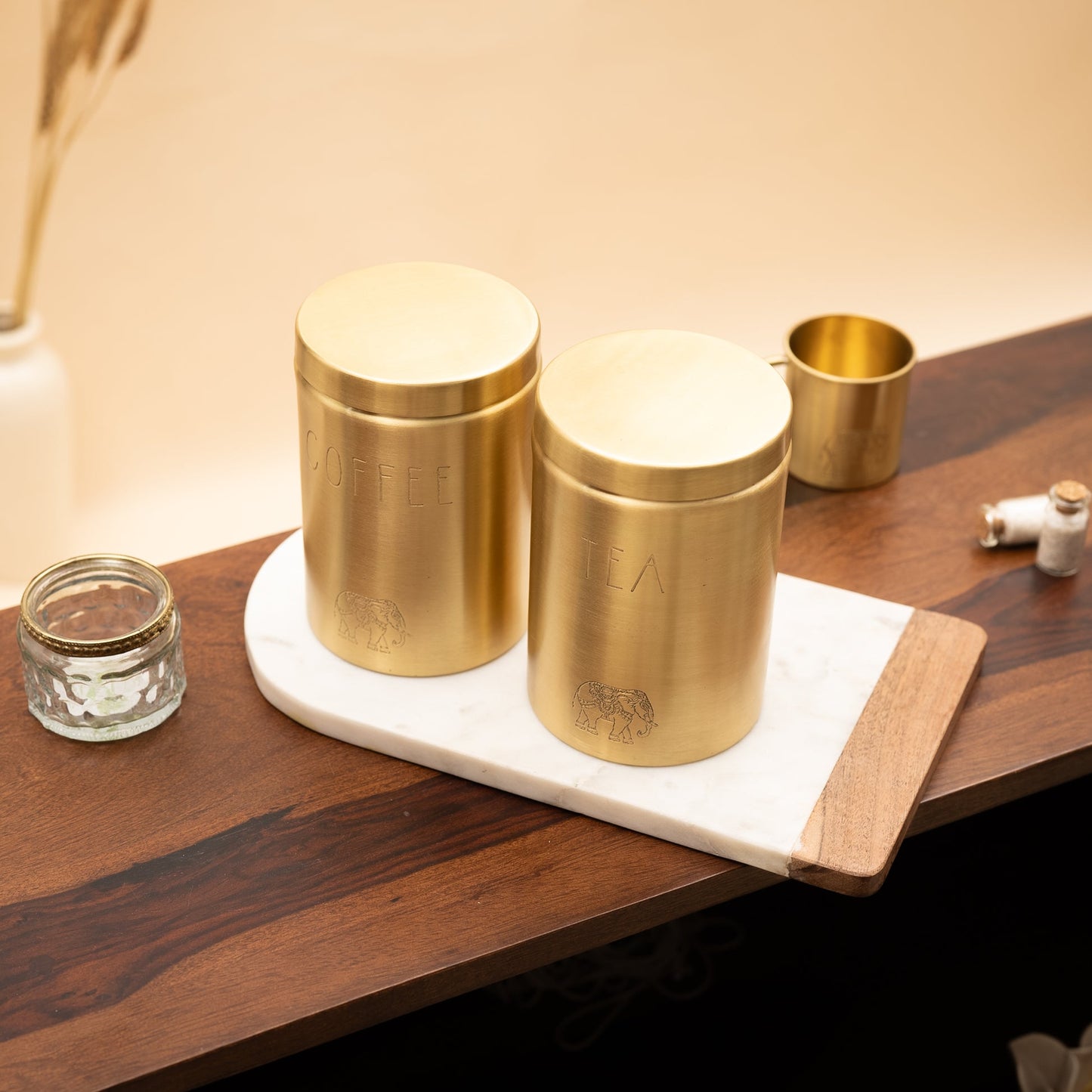Pure Brass Tea and Coffee Container Set with Elephant Motif