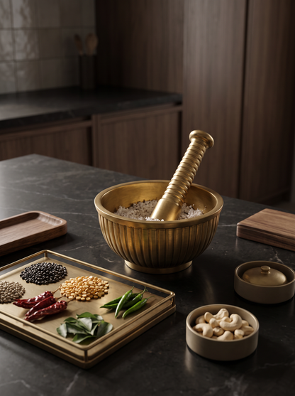 Handcrafted Ribbed Brass Mortar & Pestle (Kutni) – Traditional Spice Grinder