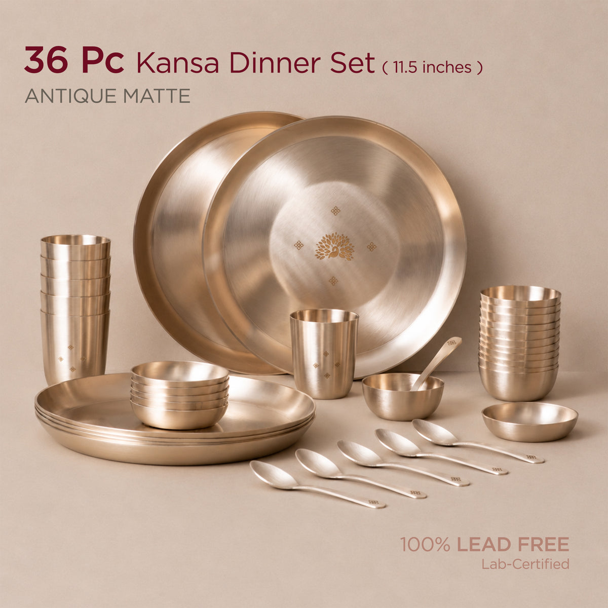 Kansa Dinner Set • 5 Designs • Serves 1 or 6 • Matte Finish • Thali Size - 11.5" • 100% Lead Free (कांसे का डिनर सेट)